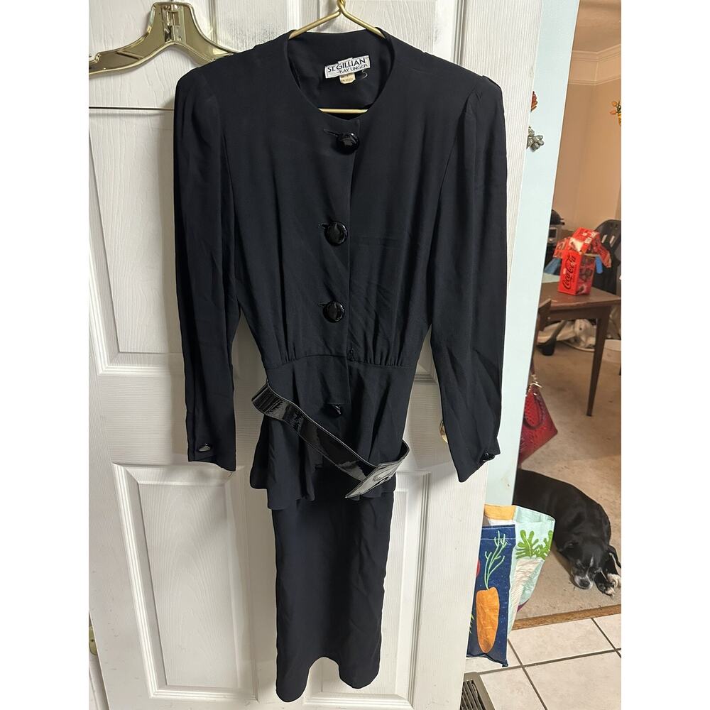 90s ST. GILLIAN Black SILK Blend PEPLUM Dress Belt Small 6 Kay Unger 32 Bust VNT